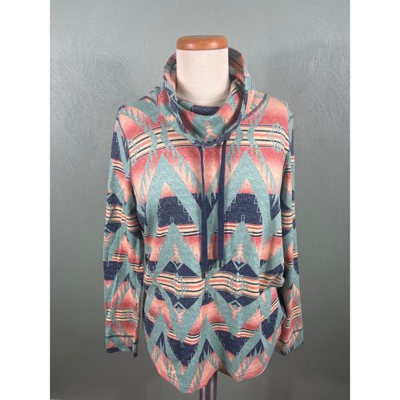 American Living Women Size Large Colorful Aztec Drawstring Hooded Sweater Jacket - Picture 9 of 11